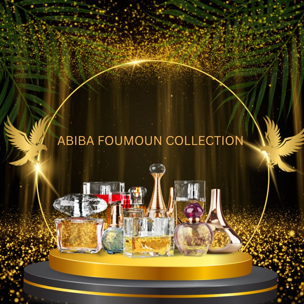 A sleek, elegantly designed perfume bottle from Abiba Foumoun, showcasing its luxurious packaging and refined logo.